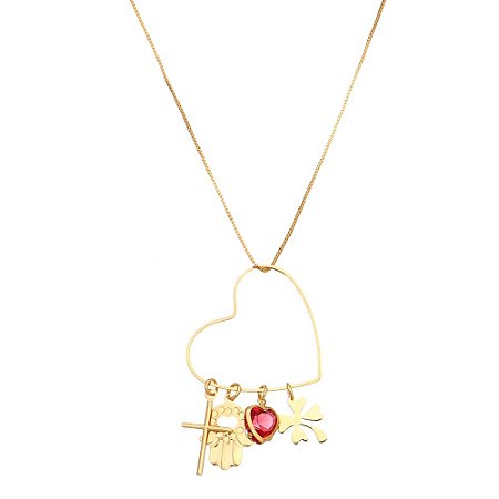 GARGANTILHA FOLHEADA A OURO 18K CORAÇÃO COM PINGENTES