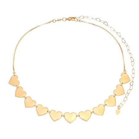 GARGANTILHA CHOKER CORAÇÕES FOLHEADA A OURO 18K
