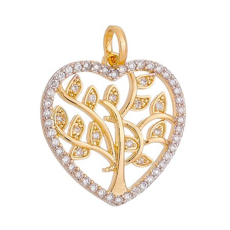 PINGENTE FOLHEADO A OURO 18K ARVORE DA VIDA CORAÇÃO COM ZIRCONIAS