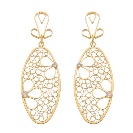 BRINCO OVAL TRABALHADO FOLHEADO A OURO 18K COM ZIRCÔNIAS
