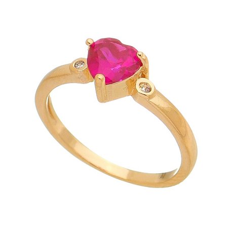 ANEL CORAÇÃO ROSA FOLHEADO A OURO 18K COM ZIRCONIA LATERAL