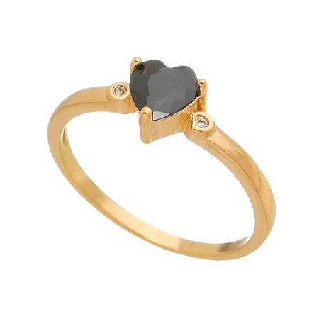 ANEL CORAÇÃO PRETO FOLHEADO A OURO 18K COM ZIRCONIA LATERAL