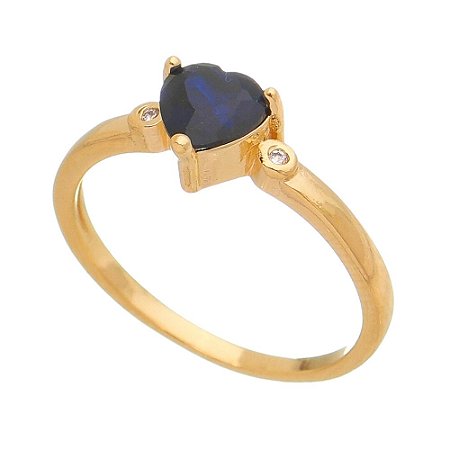 ANEL CORAÇÃO AZUL FOLHEADO A OURO 18K COM ZIRCONIA LATERAL