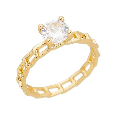 ANEL SOLITARIO VAZADO FOLHEADO A OURO 18K COM ZIRCONIA