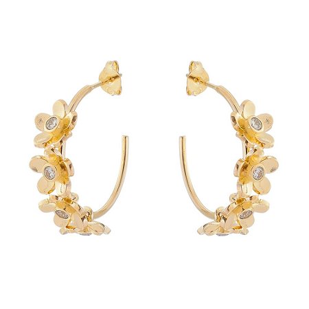 ARGOLA FOLHEADA A OURO 18K FLORES E ZIRCONIAS
