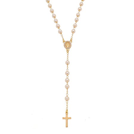 TERÇO FOLHEADO A OURO 18K COM PEROLAS