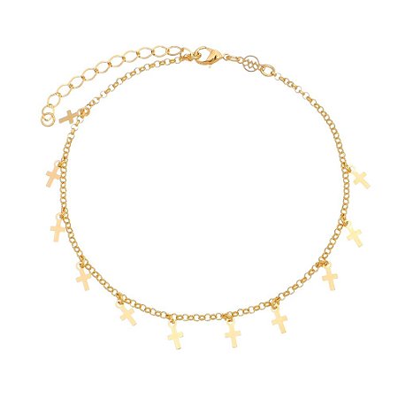 TORNOZELEIRA FOLHEADA A OURO 18K CRUZES PENDURADAS