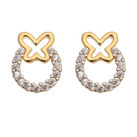 BRINCO FOLHEADO A OURO 18K BORBOLETA E ZIRCONIAS