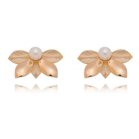 BRINCO FOLHEADO A OURO 18K FLOR E PEROLA