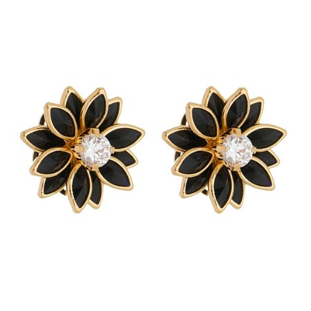 BRINCO FLOR COM ZIRCÔNIA NAVETE PRETA FOLHEADO A OURO 18K