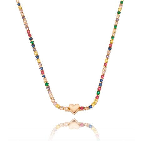 GARGANTILHA FOLHEADA A OURO 18K COM CORAÇÃO E ZIRCONIAS COLORIDAS