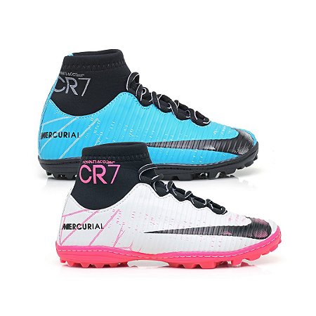 Kit 2 Chuteiras Society Nike Mercurial Cr7 Preto Azul e Branco Pink - I-Run  Shoes | Sports