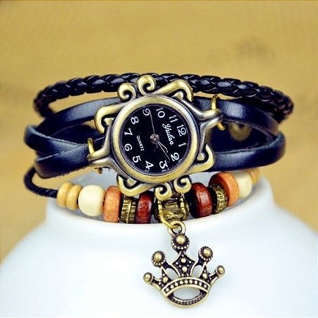 Relogio Vintage Couro , Cor : Preto