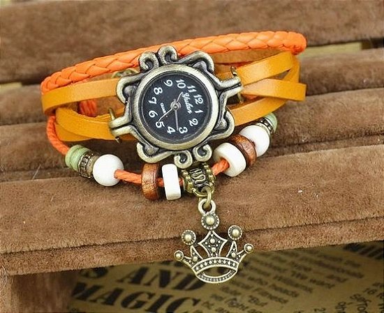Relogio Vintage Couro Cor : Laranja