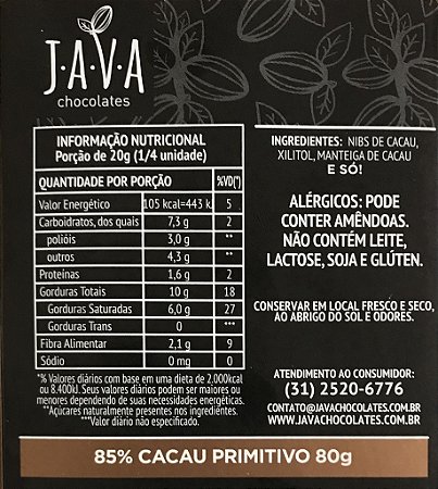 Chocolate 85% Cacau com XILITOL Primitivo – 65g – NOVO PESO - Unidade ou display