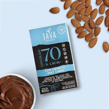 Chocolate 70% Cacau 2netcarbs com ERITRITOL e Amêndoas -  80g – Unidade ou display