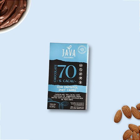 Chocolate 70% Cacau 2netcarbs com ERITRITOL e Amêndoas - 65G NOVO PESO – Unidade ou display