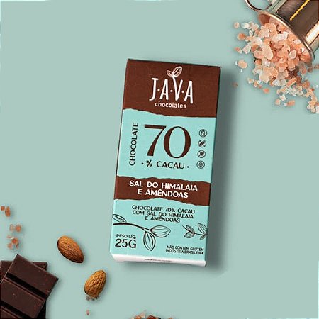 Chocolate 70% Cacau + Sal do Himalaia e Amêndoas -Display com 5 ou 10  tabletes de 25g