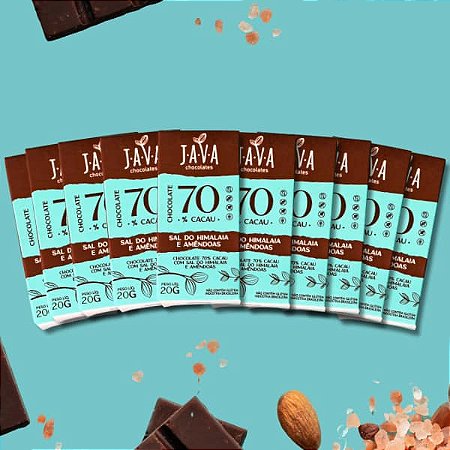 Chocolate 70% Cacau + Sal do Himalaia e Amêndoas -Display com 5 ou 10  tabletes de 20g - NOVO PESO