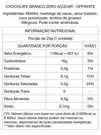 Chocolate Branco Vegano Zero Açúcar - Offwhite - escolha 5 ou 10 tabletes de 20g - NOVO PESO