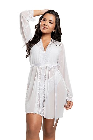 Robe Stella de Tule com Renda Sensual, Mangas Longas e Faixa de Cetim