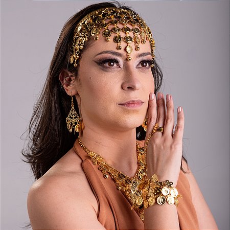 Kit Tiara, Colar, Brincos E Par De Pulseiras Com Moedas Dança Do Ventre/Cigana/Indiana - KIT02
