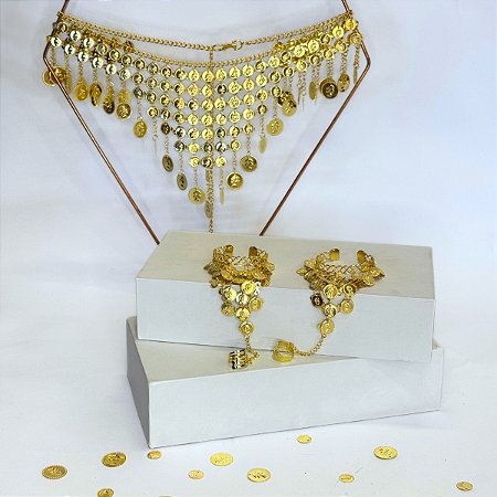 Kit Par de Pulseiras e Cinto de Moedas Lenço de Quadril Dança Do Ventre/Cigana/Indiana - KIT11