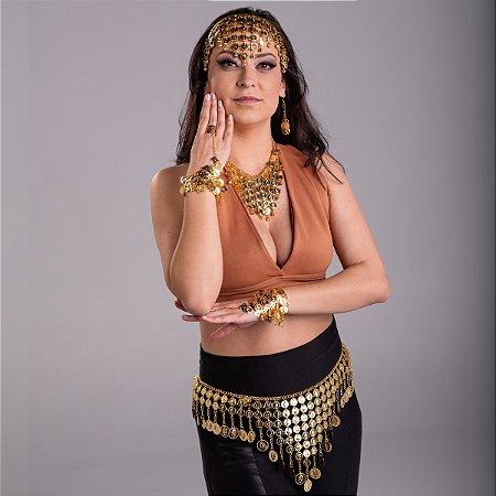 Kit Tiara, Cinto, Colar, Brincos e Par de Pulseiras Dourada Com Moedas Dança do Ventre/Cigana/Indiana - KIT01