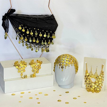 Kit Tiara, Cinto, Colar, Brincos E Par De Pulseiras Moedas Dança Do Ventre/Cigana/Indiana - KIT12