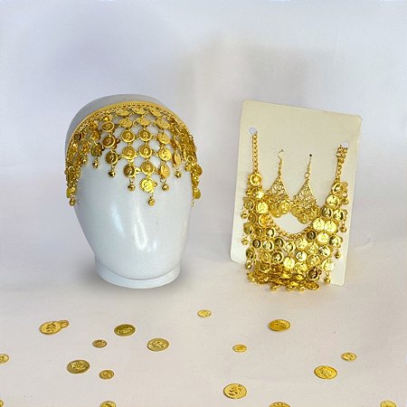 Kit Colar, Brincos E Tiara Moedas Dança Do Ventre/Cigana/Indiana - KIT06