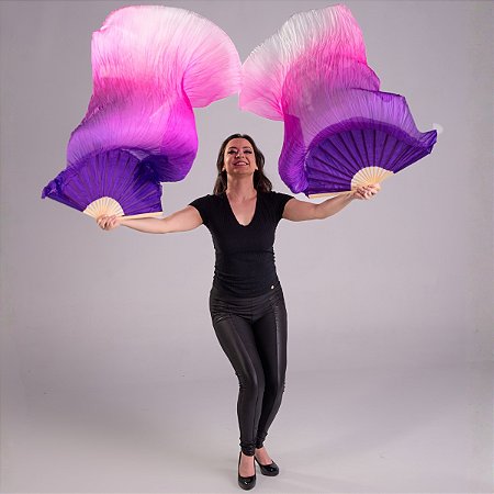 Par Fan Véu Leque Degrade Cores Dança do Ventre - Roxo, rosa e branco- VFAN-RRB