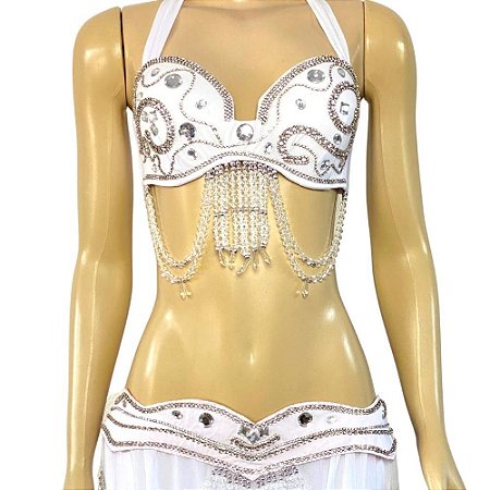 [Liquidação]- Dança do Ventre Roupa Traje Branco Ricamente Bordado G 44 - Envio Imediato - TPCL-83