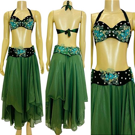 [Liquidação] Dança do Ventre Traje Bordado Completo P 40 - Pronta Entrega  - TPCL-194
