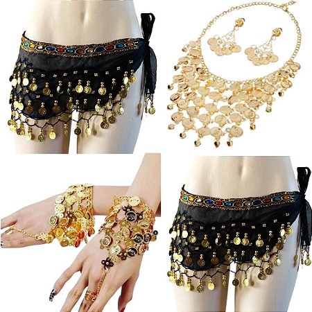 Kit Colar, Par de Brincos, Par Pulseiras de Moedas e Lenço de Quadril Dança do Ventre/Cigana/Indiana - KIT21