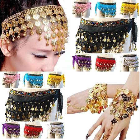 Kit Tiara, Par De Pulseira E Lenço Quadril Dança do Ventre/Cigana/Indiana - KIT22