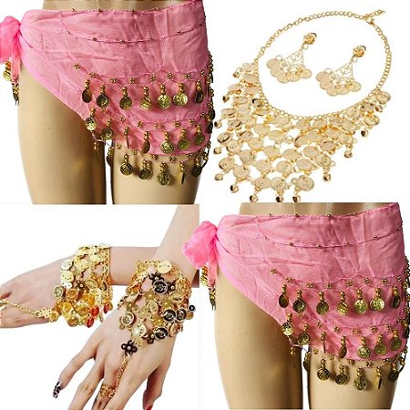 Kit Colar, Par de Pulseiras, Cinto de Moedas Dança do Ventre/Cigana/Indiana - KIT14