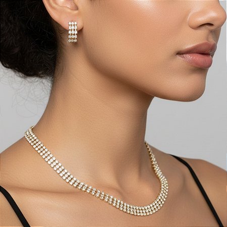 Colar Par de Brincos Três Camadas de Strass Dança do Ventre - AB20