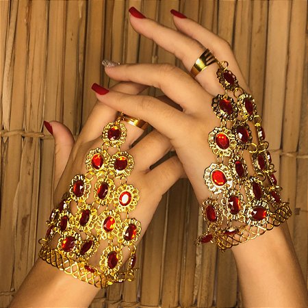 Par Pulseira Com Anel e Pedrarias Vermelhas Dança do Ventre - AB23