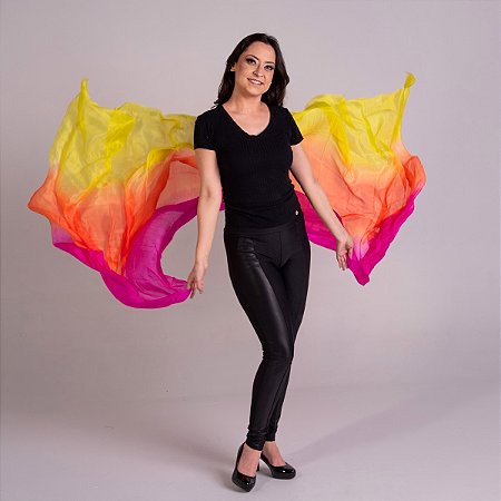 Véu Seda Pura Colorido Dança do Ventre Amarelo, Laranja e Rosa - VEU-SEDAA-12