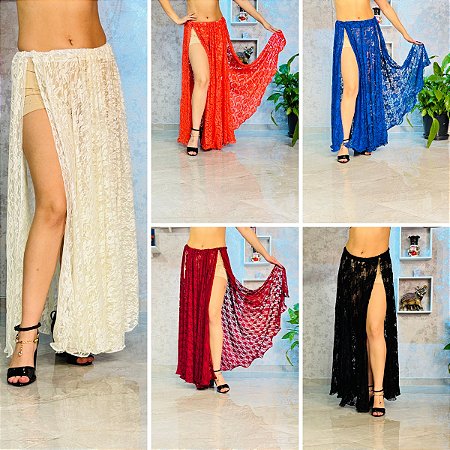 Saia Godê Renda Dança do Ventre 3 MT de Roda Fendas Abertas em Cima SG3M-PE7