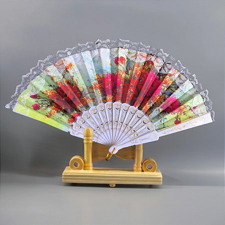 Leque De Mão Tecido Poliester Estampa de flores com detalhe em dourado Com Haste De Plástico Unidade LDP-20