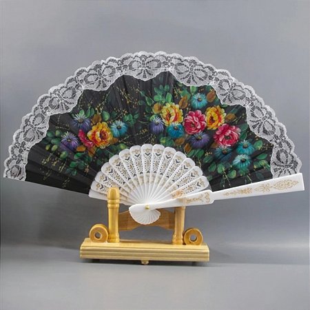 Leque De Mão Tecido Poliester Estampa de flores com detalhe em dourado Com Haste De Plástico Unidade LDP-28