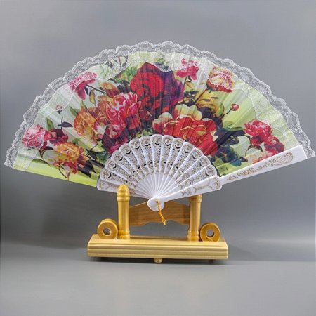 Leque De Mão Tecido Poliester Estampa de flores com detalhe em dourado Com Haste De Plástico Unidade LDP-29