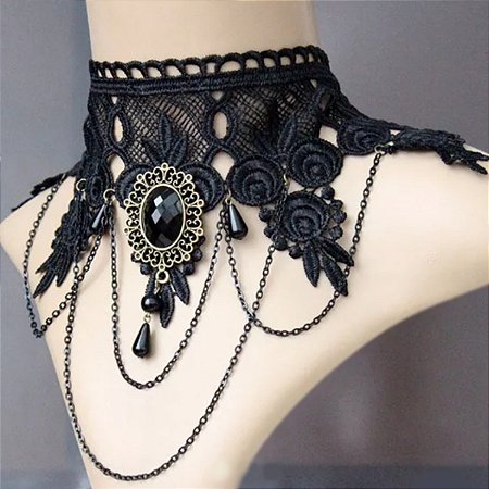 Gargantilha Colar Gótico Vintage Renda e Corrente pedras Para Dança Cigana - AB78