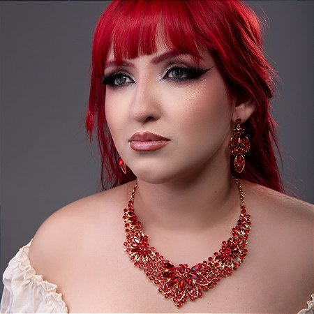 Colar e Par de Brincos Luxo com Pedrarias Brilhante para Dança do Ventre- AB81