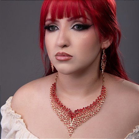 Colar e Par de Brincos Luxo com Pedrarias Brilhante para Dança do Ventre- AB84