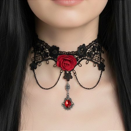 Colar Gargantilha Gótico Vintage Renda e Corrente pedras Para Dança Cigana - AB86