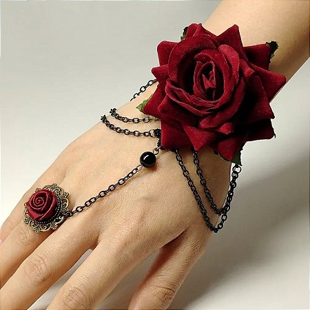Pulseira de Renda Estilo Gótica Flor Anel Vermelha Bracelete hand harness - AB87
