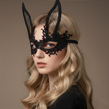 Máscara de renda preta de coelho Fantasia Bailes de Máscaras Cigana - AB90