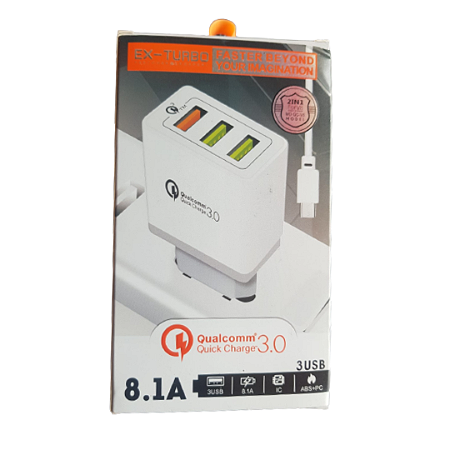 Cabeça de Carregador Turbo V8 (Micro USB) 8.1A com 3 USB
